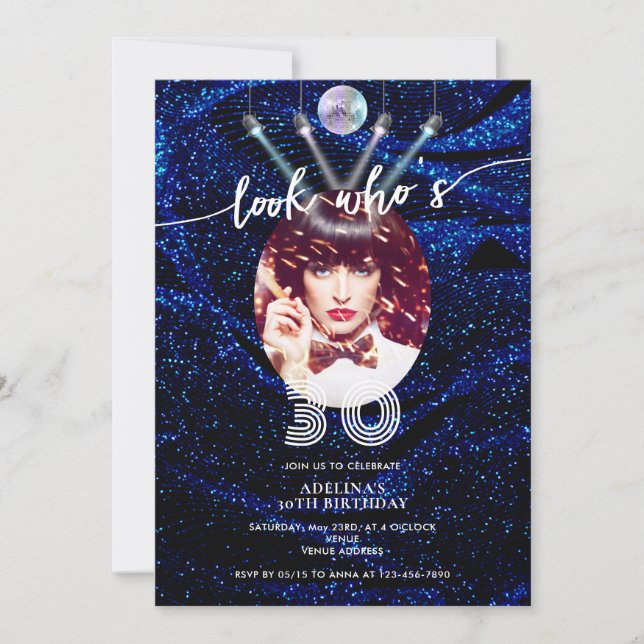 Look Who's 30 Modern Disco Retro Photo Birthday Invitation (Front)