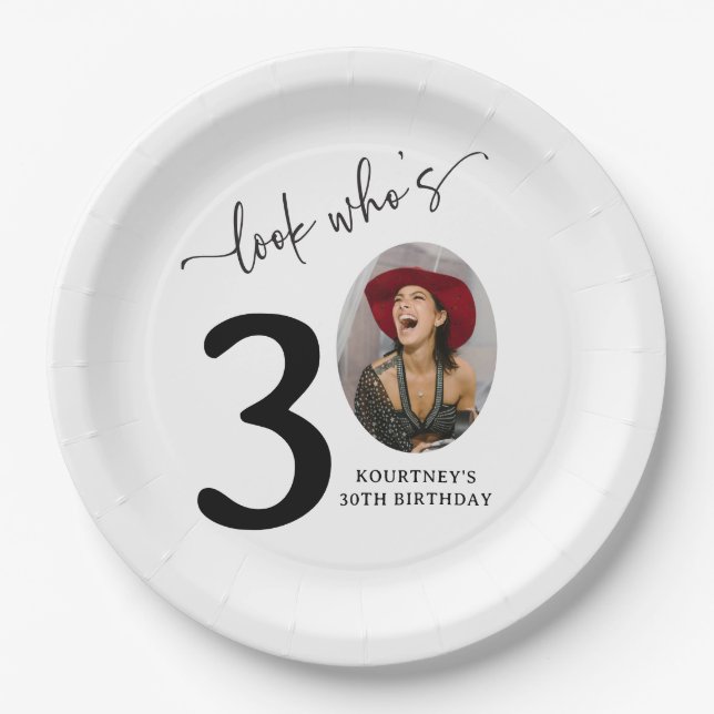Look Who's 30! Modern Photo 30th Birthday Paper Plate (Front)