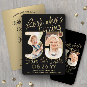 Look Who's 35 Black & Gold Birthday Party 2 Photo Save The Date