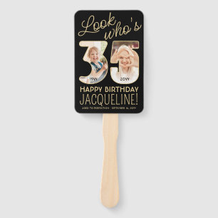 Look Who's 35 Black & Gold Happy Birthday 4 Photo Hand Fan