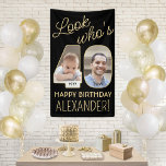 Look Who's 40 Black & Gold 2 Photo Birthday Party Banner<br><div class="desc">Look who's 40! Celebrate a happy 40th birthday for him or her with a custom 2 photo vertical banner. Pictures and wording on this template are simple to personalise. (IMAGE PLACEMENT TIP: An easy way to position a photo exactly how you want is to crop it before uploading to the...</div>