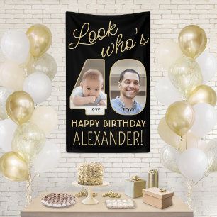 Look Who's 40 Black & Gold 2 Photo Birthday Party Banner