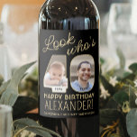 Look Who's 40 Black & Gold 2 Photo Birthday Party Wine Label<br><div class="desc">Look who's 40! Add an elegant personalised touch to 40th birthday party decorations for him or her with custom photo black and gold wine bottle labels. The pictures and wording on this template are simple to customise. (IMAGE PLACEMENT TIP: An easy way to position a photo exactly how you want...</div>