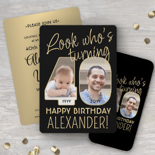 Look Who's 40 Black & Gold Birthday Party 2 Photo Invitation