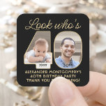 Look Who's 40 Black & Gold Birthday Party 2 Photo Square Sticker<br><div class="desc">Look who's 40! Add a personalised finishing touch to 40th birthday party favours, invitations and thank you notes with custom photo square stickers / envelope seals. Pictures and all wording on this template are simple to customise (IMAGE PLACEMENT TIP: An easy way to position a photo exactly how you want...</div>