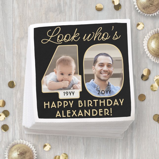 Look Who's 40 Black & Gold Happy Birthday 2 Photo Napkin (Creator Uploaded)