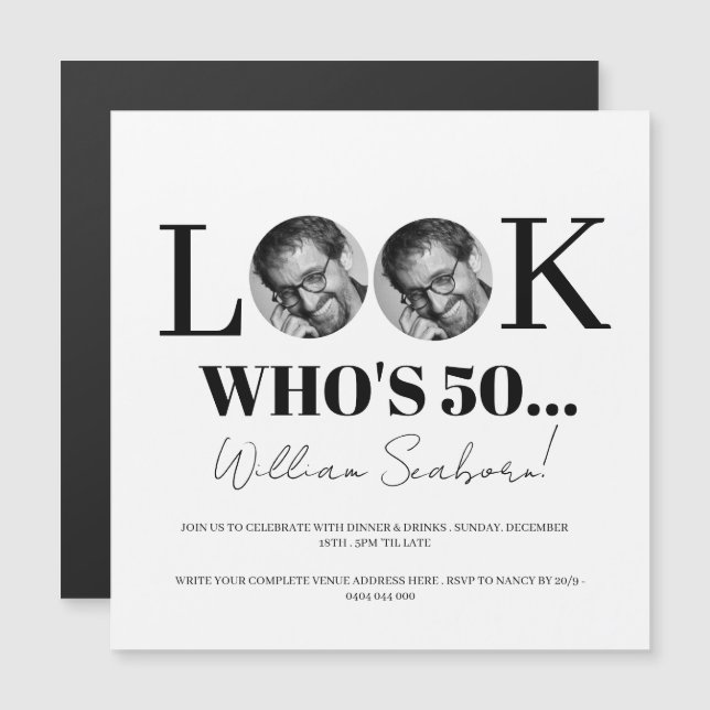 Look Who's 50, 50th Invitation with photo custom  (Front/Back)