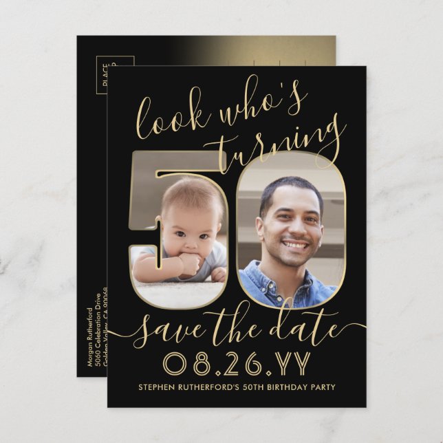 Look Who's 50 Birthday Party Save The Date 2 Photo Announcement Postcard (Front/Back)