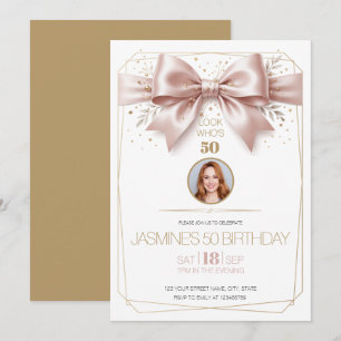 Look Who's 50 Birthday Photo Gold Pink Bow Invitation