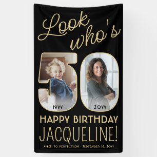 Look Who's 50 Black & Gold 2 Photo Birthday Party Banner