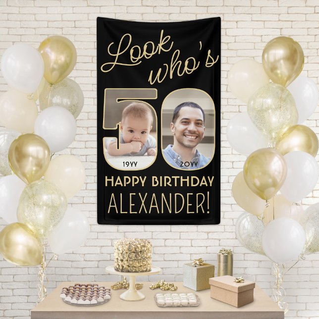 Look Who's 50 Black & Gold 2 Photo Birthday Party Banner (Creator Uploaded)