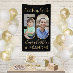 Look Who's 50 Black & Gold 2 Photo Birthday Party Banner