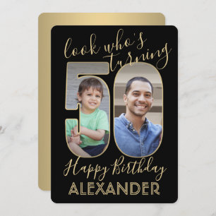Look Who's 50 Black & Gold Birthday Party 2 Photo Invitation