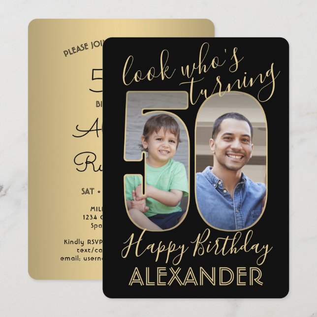Look Who's 50 Black & Gold Birthday Party 2 Photo Invitation (Front/Back)