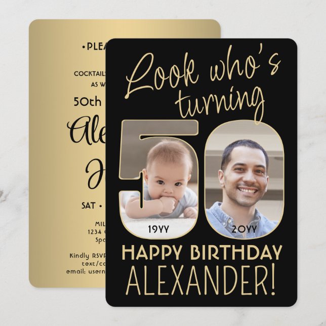 Look Who's 50 Black & Gold Birthday Party 2 Photo Invitation (Front/Back)