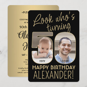 Look Who's 50 Black & Gold Birthday Party 2 Photo Invitation