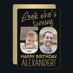 Look Who's 50 Black & Gold Birthday Party 2 Photo Invitation<br><div class="desc">Look who's turning 50! Invite family and friends to an elegant 50th birthday celebration for him or her with custom 2 photo party invitations. Pictures and wording on this template are simple to personalise. (IMAGE PLACEMENT TIP: An easy way to position a photo exactly how you want is to crop...</div>