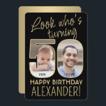 Look Who's 50 Black & Gold Birthday Party 2 Photo Invitation<br><div class="desc">Look who's turning 50! Invite family and friends to an elegant 50th birthday celebration for him or her with custom 2 photo party invitations. Pictures and wording on this template are simple to personalise. (IMAGE PLACEMENT TIP: An easy way to position a photo exactly how you want is to crop...</div>