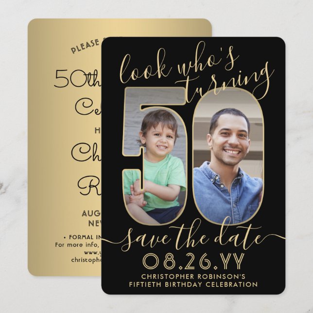 Look Who's 50 Black & Gold Birthday Party 2 Photo Save The Date (Front/Back)