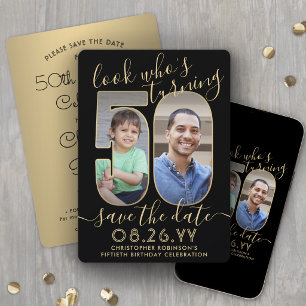 Look Who's 50 Black & Gold Birthday Party 2 Photo Save The Date