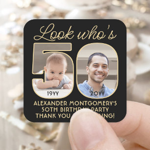 Look Who's 50 Black & Gold Birthday Party 2 Photo Square Sticker