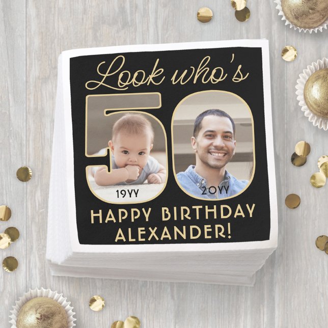 Look Who's 50 Black & Gold Happy Birthday 2 Photo Napkin (Creator Uploaded)