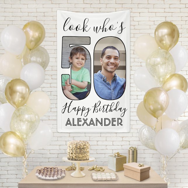 Look Who's 50 Black & White 2 Photo Birthday Party Banner (Creator Uploaded)