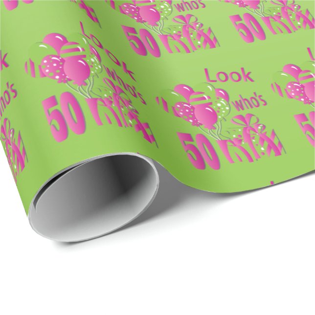 Look Who's 50 in Green and Pink - 50th Birthday Wrapping Paper (Roll Corner)