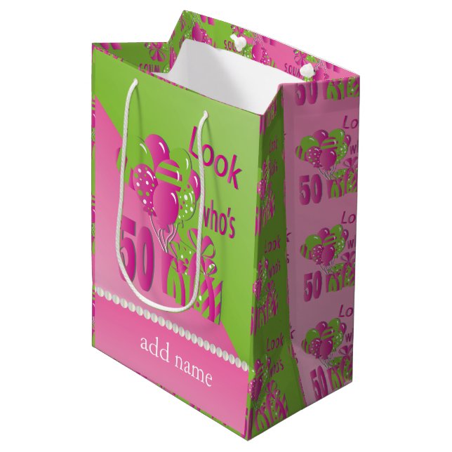 Look Who's 50 in Pink - 50th Birthday Medium Gift Bag (Front Angled)