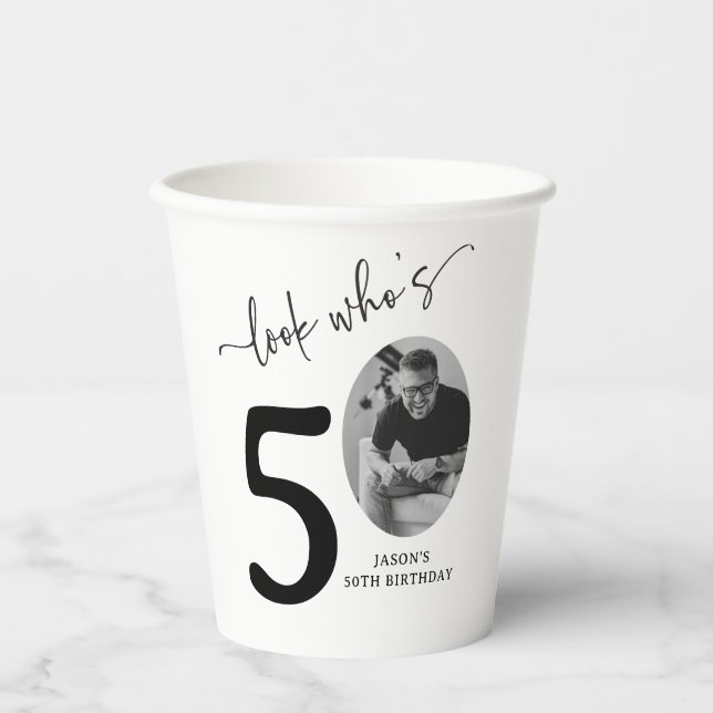 Look Who's 50! Modern Photo 50th Birthday Paper Cups (Front)