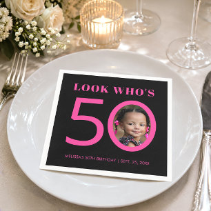 Look Who's 50 Pink Black 50th Birthday Kid Photo Napkin
