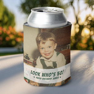 Look Who's 50 Retro Birthday Party Favour Photo Can Cooler