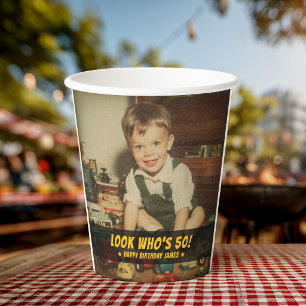 Look Who's 50 Retro Birthday Party Favour Photo Paper Cups