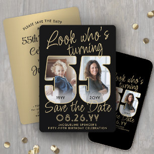 Look Who's 55 Black & Gold 2 Photo Birthday Party Save The Date