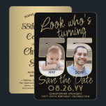 Look Who's 55 Black & Gold 2 Photo Birthday Party Save The Date<br><div class="desc">Look who's turning 55! Invite family and friends to an upcoming 55th birthday celebration with custom photo save the date party invitations. Pictures and wording on this template are simple to personalise. (IMAGE PLACEMENT TIP: An easy way to position a photo exactly how you want is to crop it before...</div>