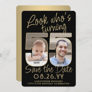 Look Who's 55 Black & Gold 2 Photo Birthday Party Save The Date