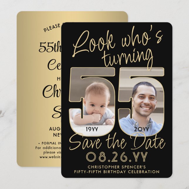 Look Who's 55 Black & Gold 2 Photo Birthday Party Save The Date (Front/Back)