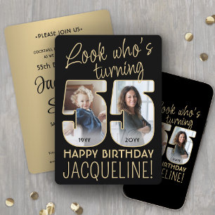 Look Who's 55 Black & Gold Birthday Party 2 Photo Invitation