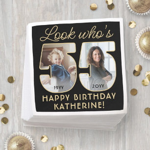 Look Who's 55 Black & Gold Birthday Party 2 Photo Napkin