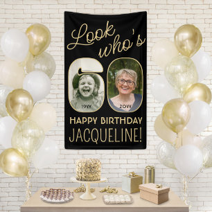 Look Who's 60 Black & Gold 2 Photo Birthday Party Banner