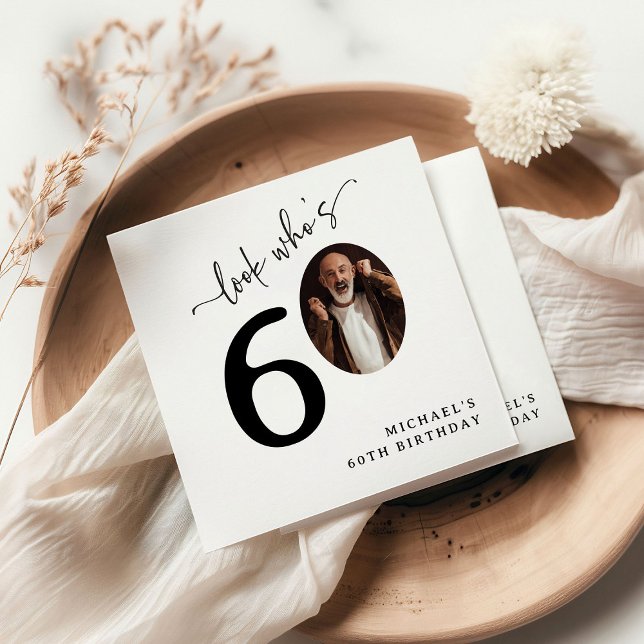 Look Who's 60! Modern Photo 60th Birthday Napkin (Creator Uploaded)