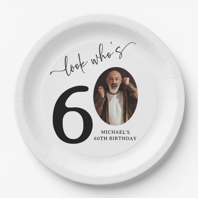 Look Who's 60! Modern Photo 60th Birthday Paper Plate (Front)