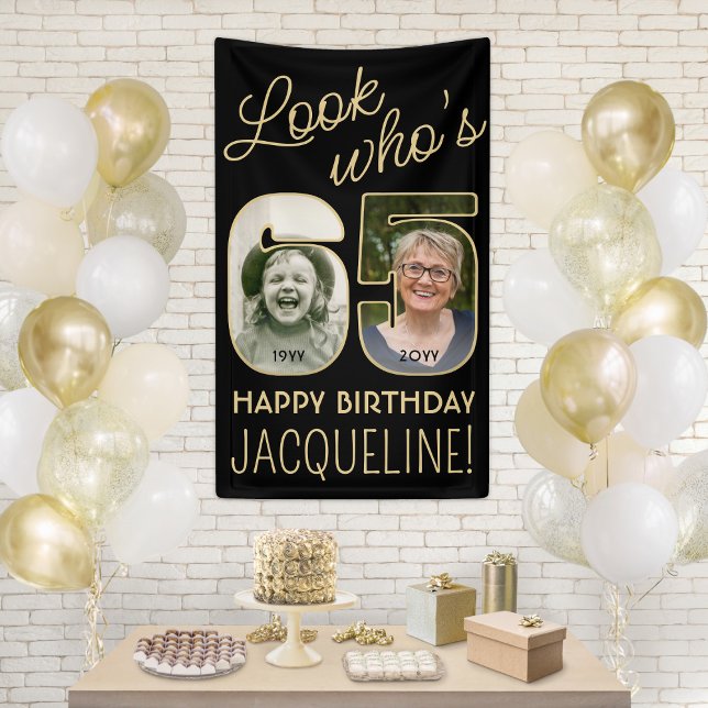 Look Who's 65 Black & Gold 2 Photo Birthday Party Banner (Creator Uploaded)
