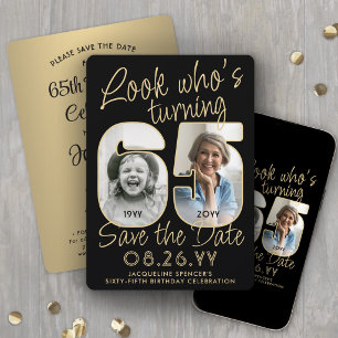 Look Who's 65 Black & Gold 2 Photo Birthday Party Save The Date