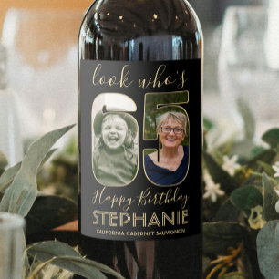 Look Who's 65 Black & Gold 2 Photo Birthday Party Wine Label