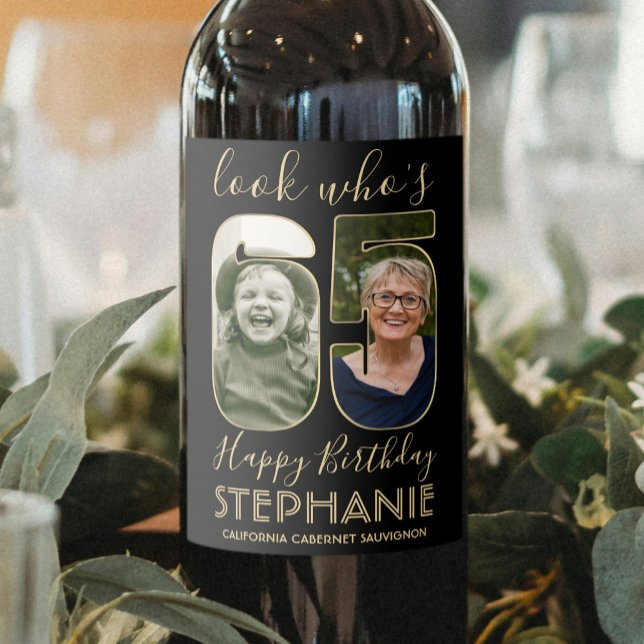 Look Who's 65 Black & Gold 2 Photo Birthday Party Wine Label (Creator Uploaded)