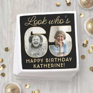 Look Who's 65 Black & Gold Happy Birthday 2 Photo Napkin
