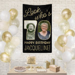 Look Who's 70 Black & Gold 2 Photo Birthday Party Banner<br><div class="desc">Look who's 70! Celebrate a happy 70th birthday for him or her with a custom 2 photo vertical banner. Pictures and wording on this template are simple to personalise. (IMAGE PLACEMENT TIP: An easy way to position a photo exactly how you want is to crop it before uploading to the...</div>