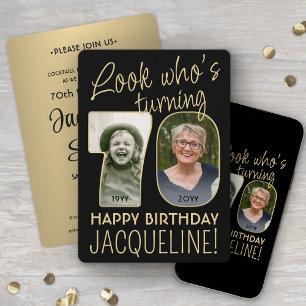 Look Who's 70 Black & Gold Birthday Party 2 Photo Invitation