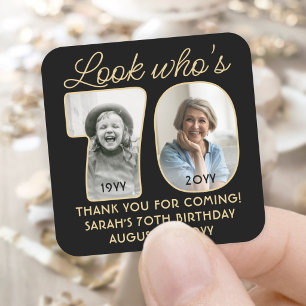 Look Who's 70 Black & Gold Birthday Party 2 Photo Square Sticker